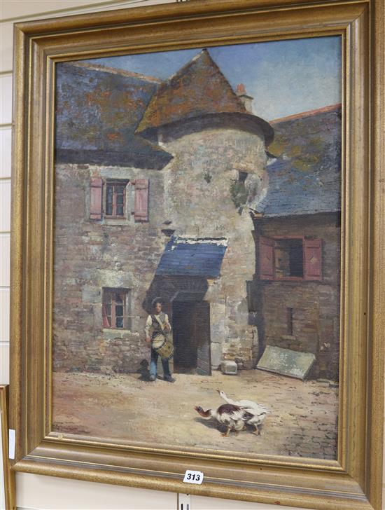 Sylvester, oil on canvas, a drummer boy standing by a chateau, 66 x 51cm